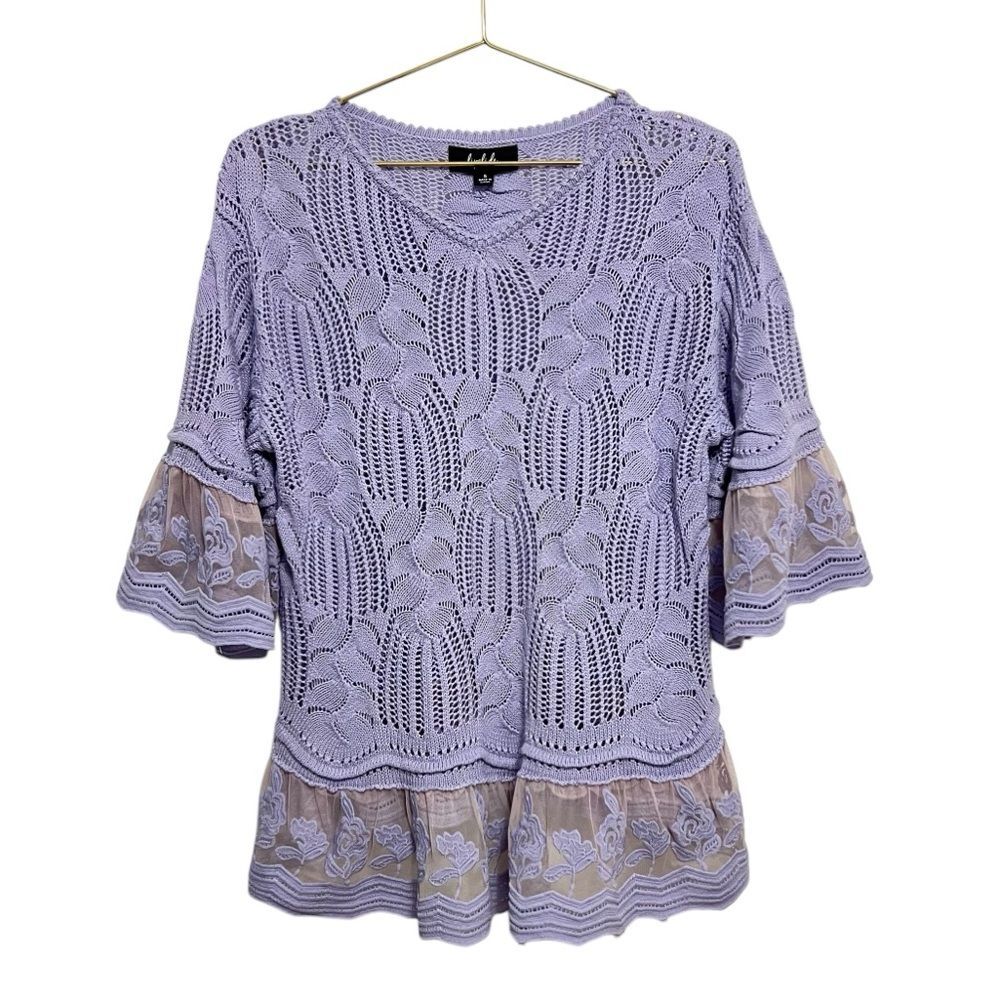 Lipslide Womens Sweater Small Lavender Lace Openwork Knit Ruffled Romantic